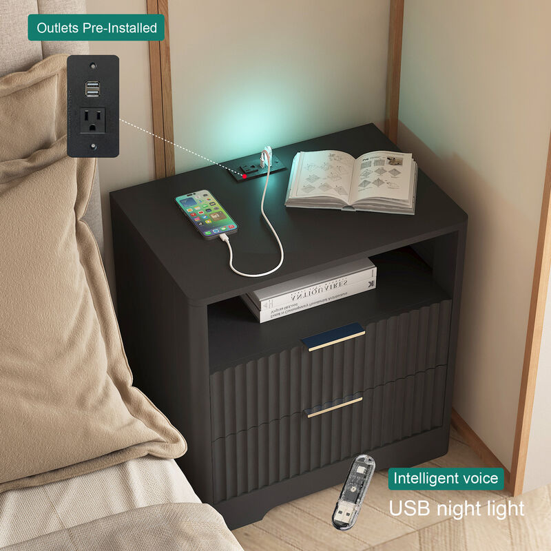 Smart Nightstand with Charging Station Voice Night Light Storage Cabinet image number 7
