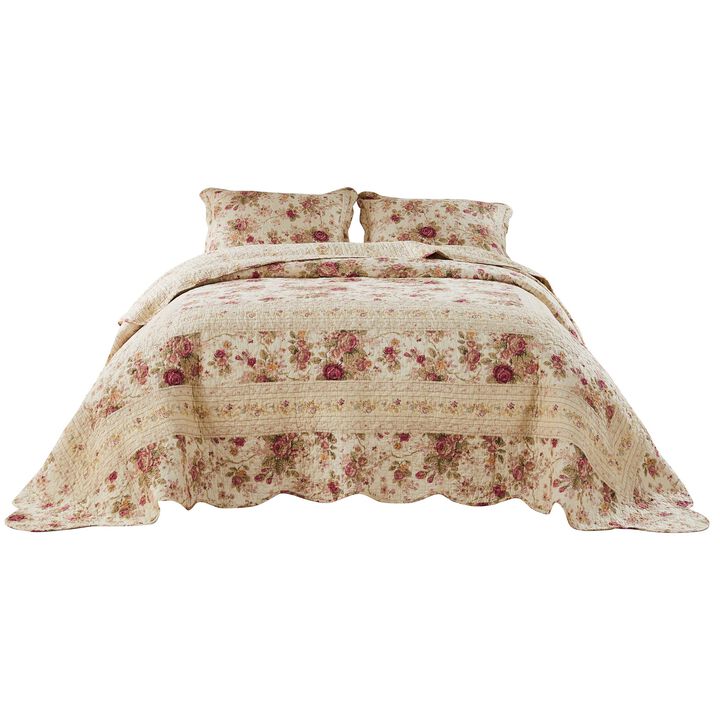 Rosle 3 Piece King Bedspread Set, Floral Print, Scalloped, Cream, Pink - Benzara