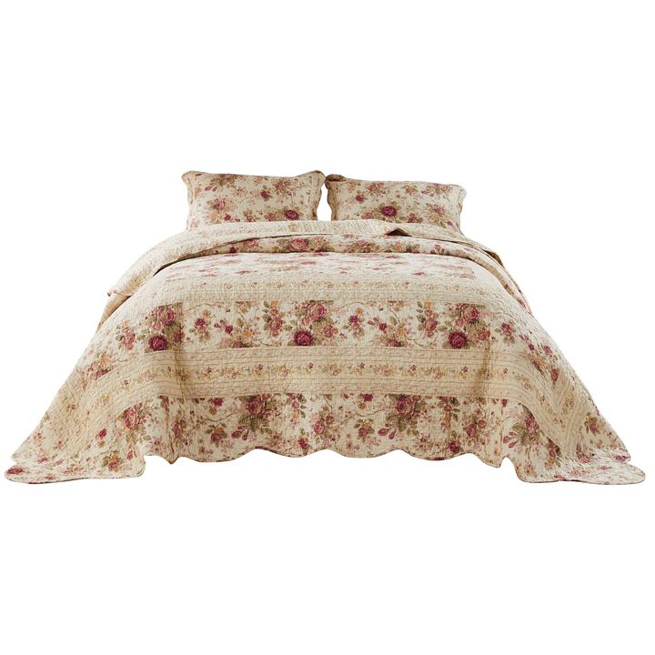 Rosle 3 Piece King Bedspread Set, Floral Print, Scalloped, Cream, Pink