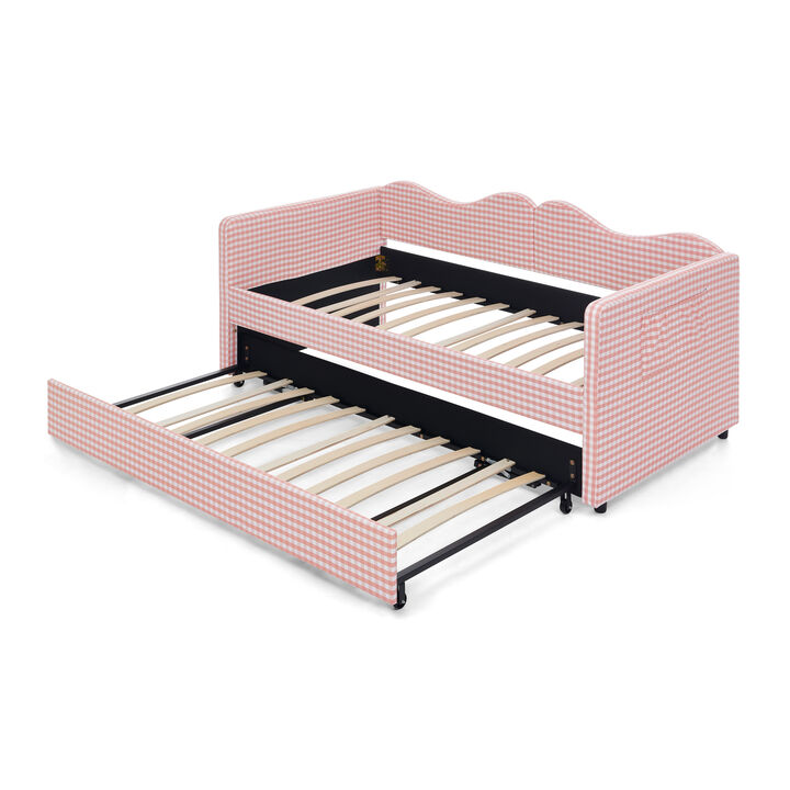 Merax Gingham Daybed with Trundle & Guardrails &ndash; Solid Wood Frame, Side Storage Pocket