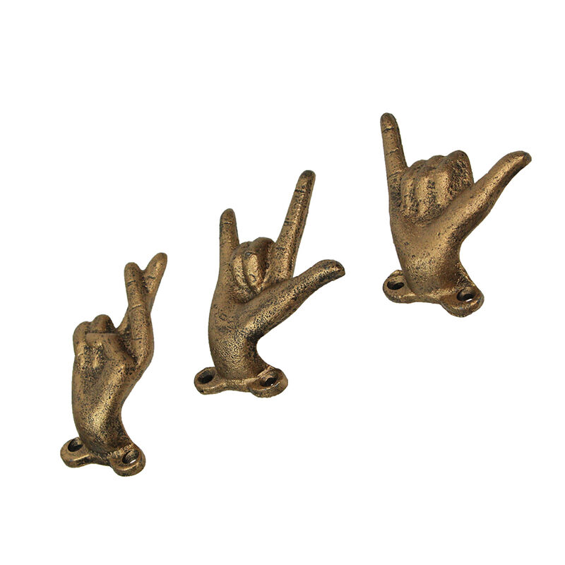 Set of 3 Antique Gold Cast Iron Hand Gesture Wall Hooks image number 2