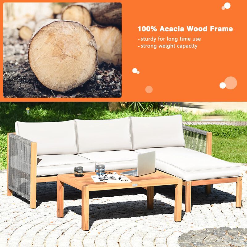 Mondawe 3 Pieces Patio Acacia Wood Sofa Furniture Set with Nylon Rope Armrest
