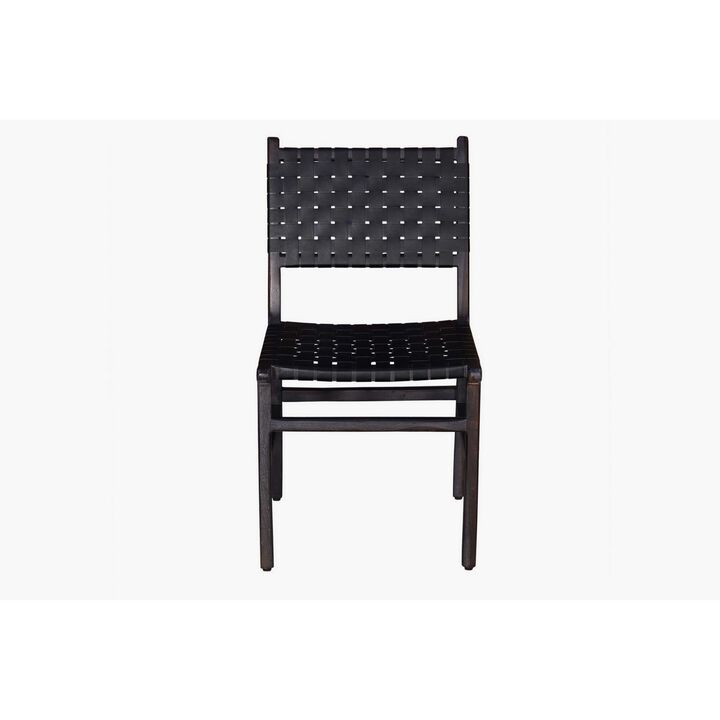 19 Inch Dining Chair, Black Leather Crossed Design, Iron Legs, Set of 2-Benzara