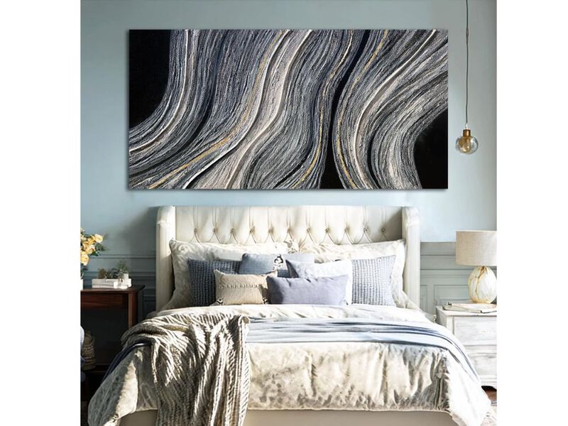 Contemporary Abstract Canvas Wall Art Black White Gold Linear Painting 29"x58" image number 2
