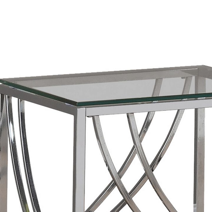 Tempered Glass Top End Table with Metal Tubular Legs, Chrome and Clear-Benzara