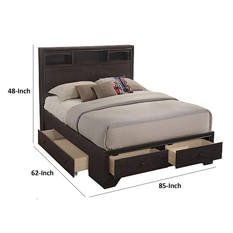 Queen Size Bed with 4 Storage Drawers, Bookcase Headboard, Walnut Brown