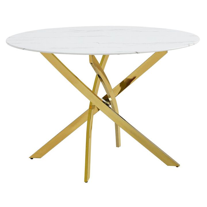 Best Quality Furniture Round Marble Wrap Tempered Glass Dining Table With Gold Base