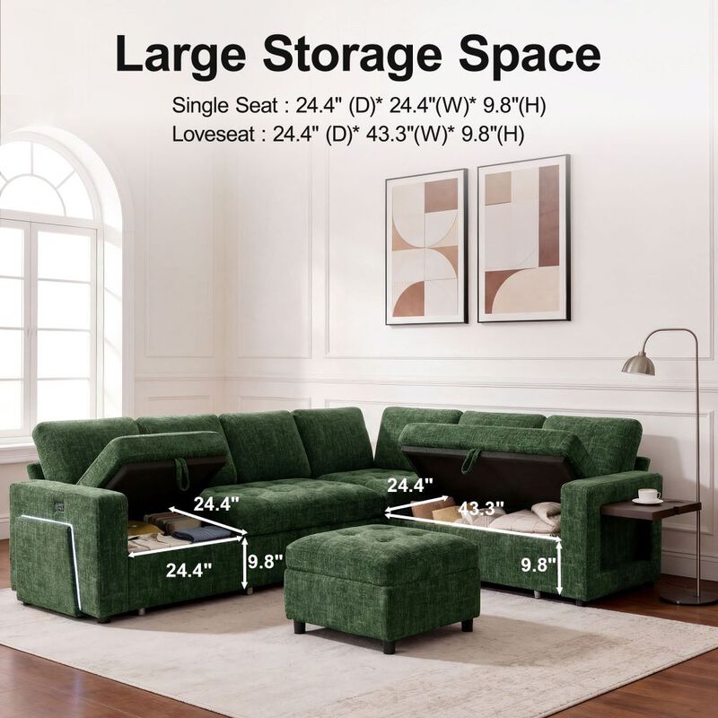 102" L-Shaped Chenille Modular Sectional Sleeper Sofa with Pullout Bed, Reclining Backrest, USB image number 5