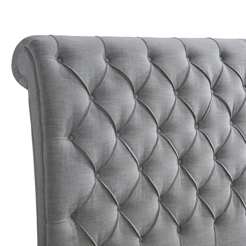 Magnolia Queen Size Bed, Tufted Upholstered Rolled Top Headboard, Gray - Benzara