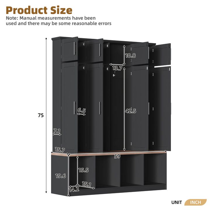 Farmhouse Hall Tree with Hidden Hooks, Walnut Bench, 8 Door Entryway Shoe Cabinet, Open Storage