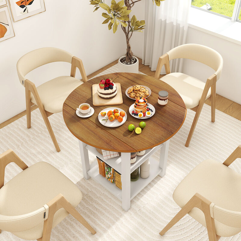 Folding Round Dining Table with Drop Leaf and 2 Shelves for Space-Saving Dining in Small Areas