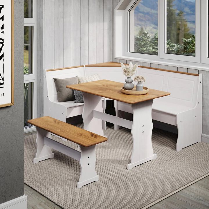 OS Home and Office Furniture Solid Pine Corner Dining Booth in Distressed White
