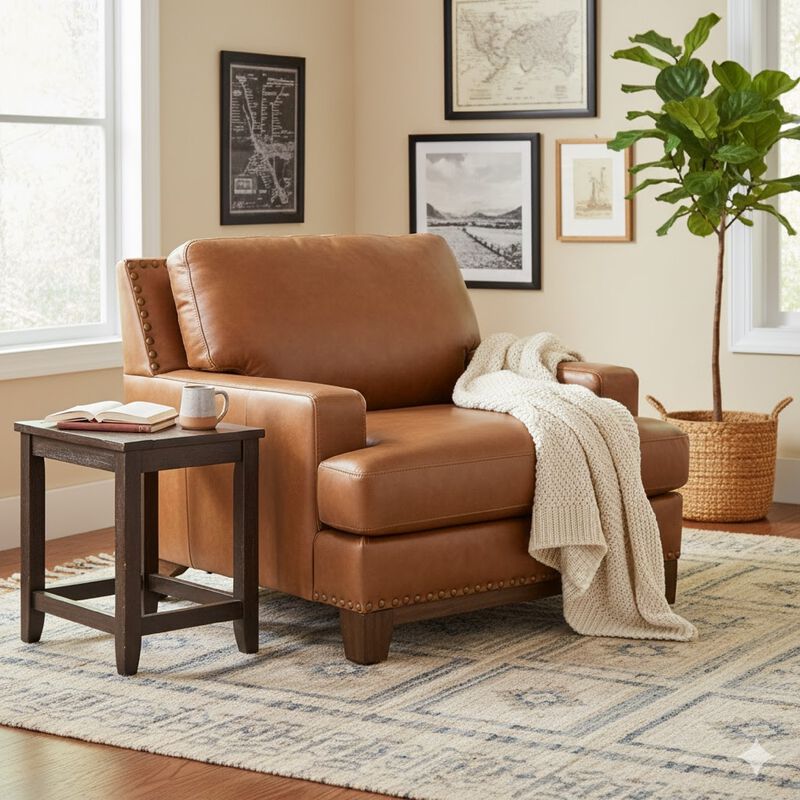 Sany Accent Armchair, Plush and Classic Amber Brown Leather Cushions image number 1