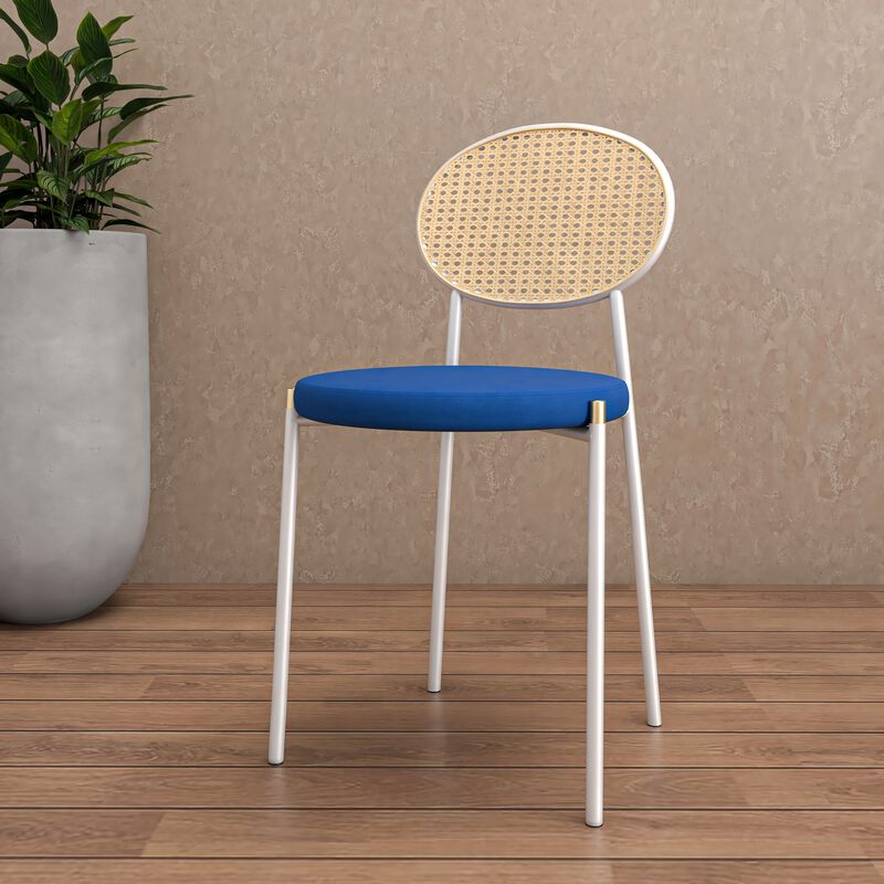 LeisureMod Velvet Dining Chair Rattan Back Side Chair Comfortable Kitchen Chair with Stainless Steel Base Euston Collection