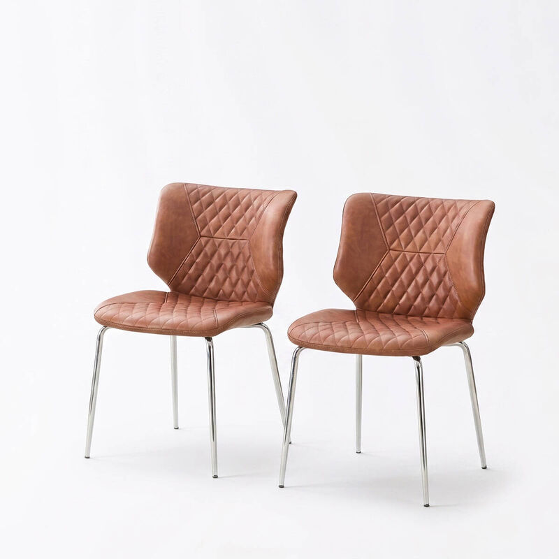 Set of 2 Leather Dining Chairs Square High Back Dining Chairs with Diamond Tufting Retro Dining Chairs with Metal Legs and Back Handle image number 0
