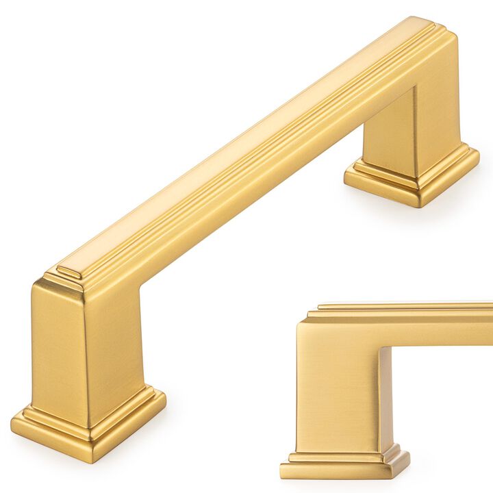 KOOFIZO Stepped Bar Cabinet Pull - Brushed Gold Furniture Handle, 3.8 Inch/96mm Screw Spacing, 10-Pack for Kitchen Cupboard Door