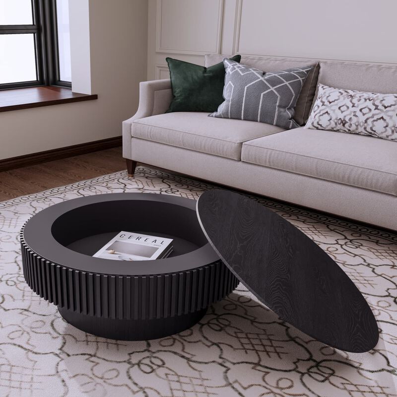Round coffee table with storage Solid wood veneer and MDF coffee table with fluted base Modern accent coffee table for small spaces image number 3