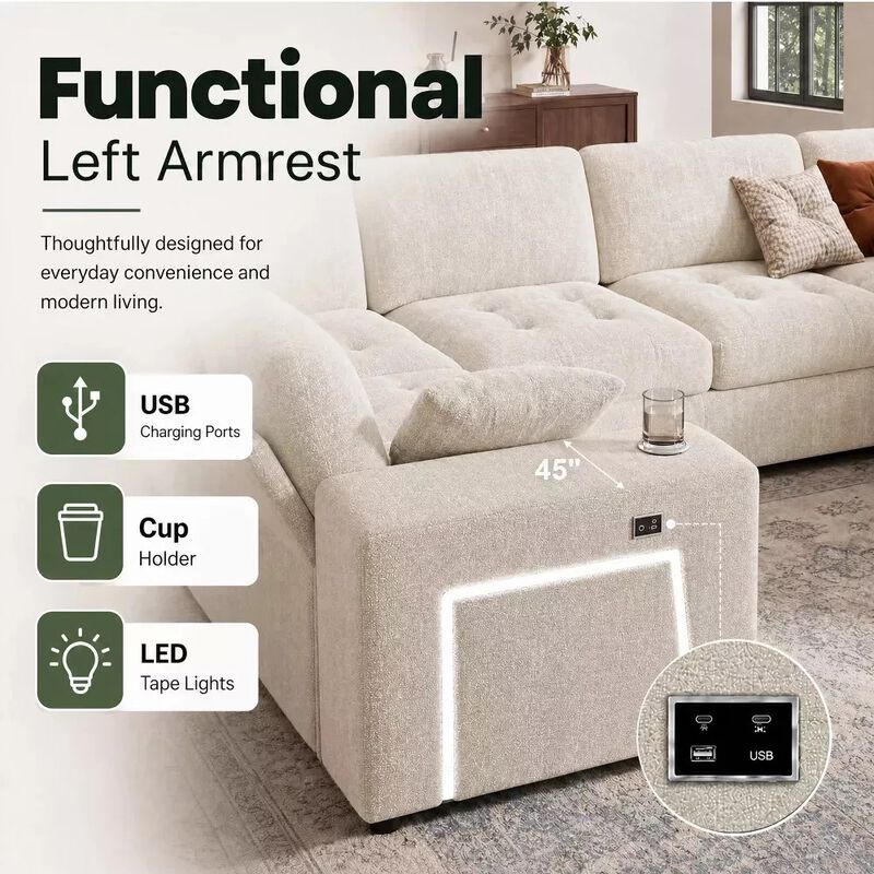 Vipbear 110" Modular Sectional Sleeper Sofa, 8-Seater Chenille U-Shaped Couch with Pull-Out Beds image number 5