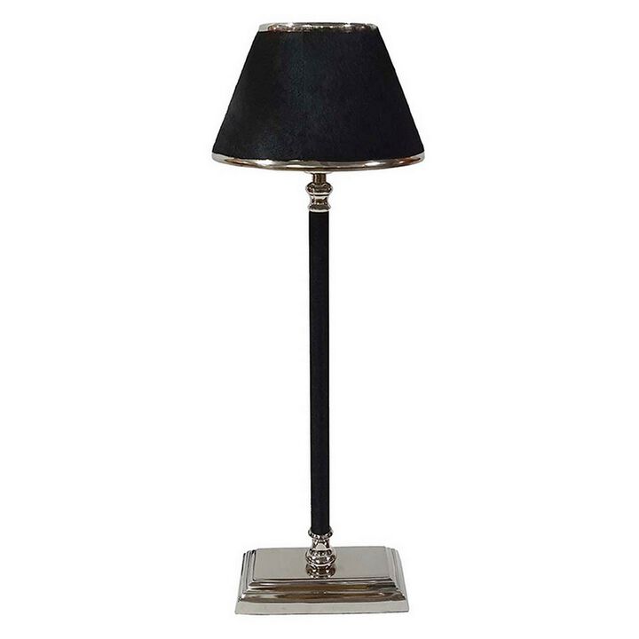 23 Inch Table Lamp, Leather Wrapped Tapered Shade, Aluminum, Black, Nickel - Benzara