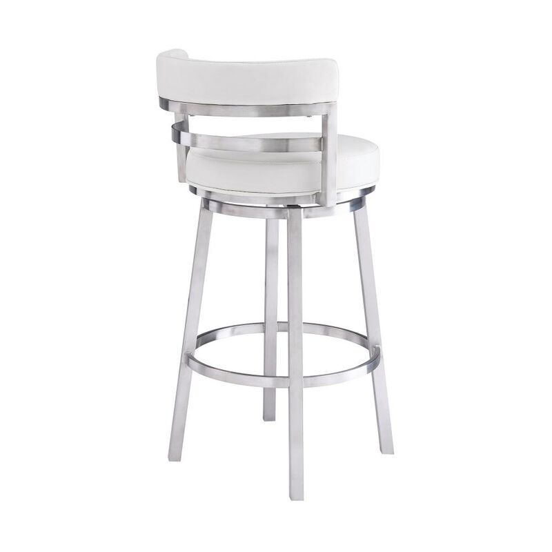 Hivvago 30 Inch White and Silver Faux Leather and Iron Low Back Bar Height Swivel Bar Chair