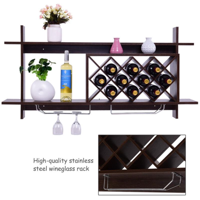 Hivvago Wall Mount Wine Rack with Glass Holder & Storage Shelf-Walnut