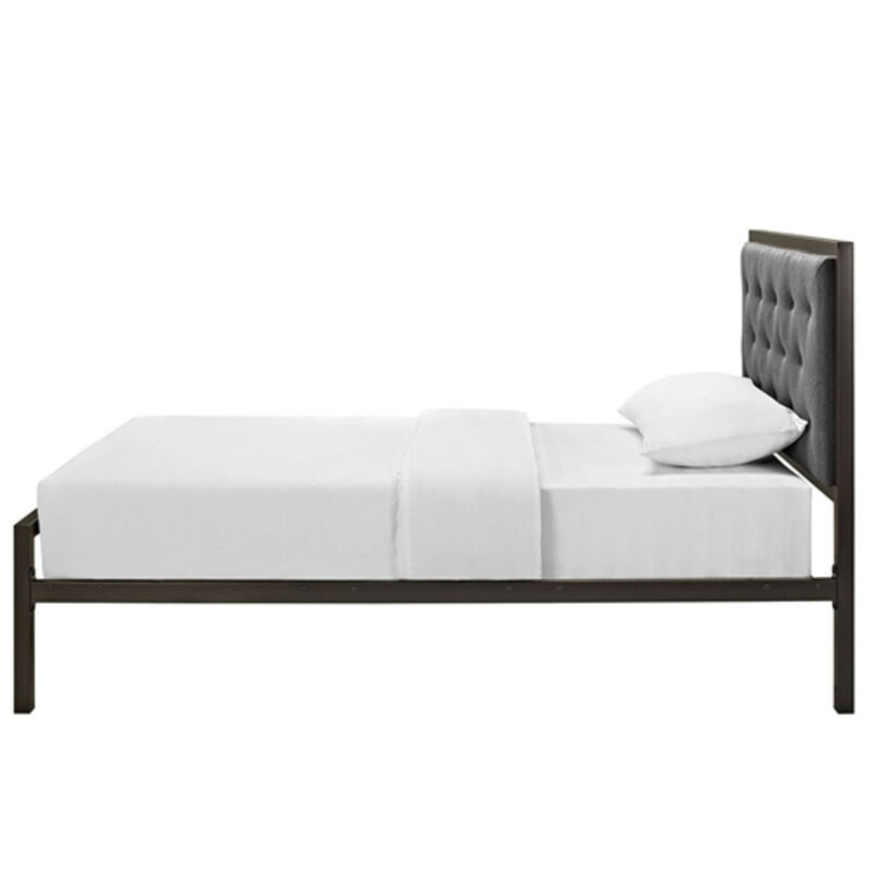 Metal Platform Bed Frame with Button-Tufted Upholstered Fabric Headboard