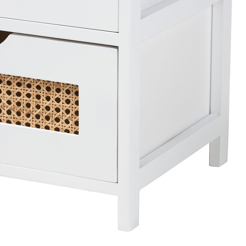Baxton Studio Bastian Modern and Contemporary Light Beige Fabric and White Finished Wood 3-Drawer Storage Bench with Natural Rattan