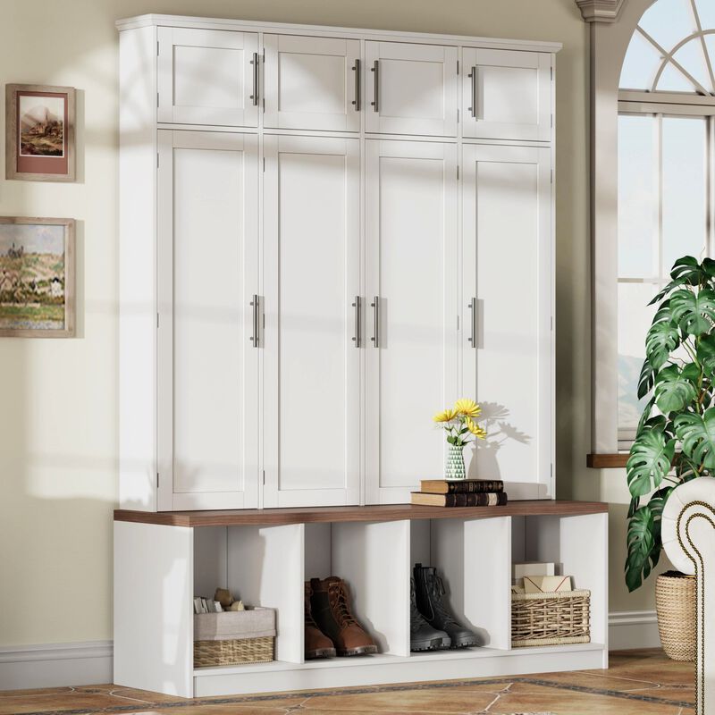 Clihome Farmhouse Hall Tree Walnut Seating Bench with 4 Hanging Hooks for Living Room image number 2