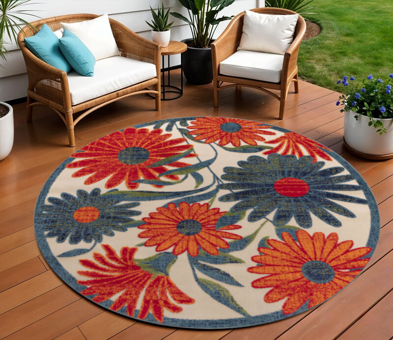 HomeRoots 8' Ivory Orange And Blue Round Floral Indoor Outdoor Area Rug image number 1