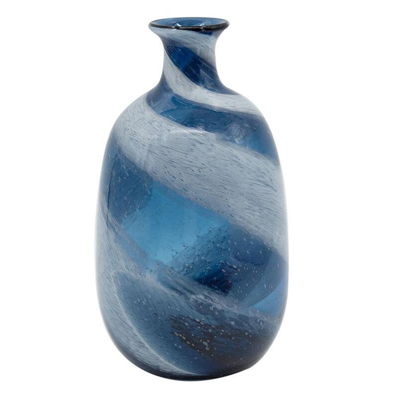 HomeRoots 16" Blue And White Striped Swirl Art Glass Table Vase image number 0
