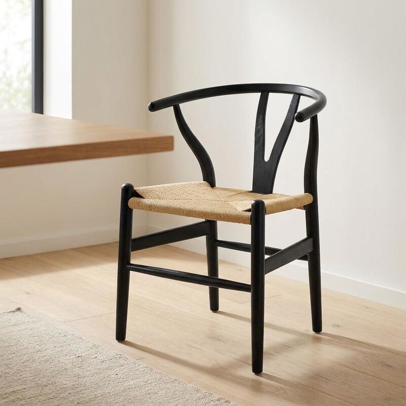 Wood Dining Chair with Slatted Backrest for Kitchen and Dining Room, Black Black image number 6