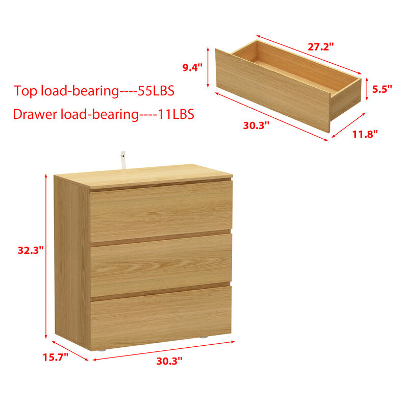 FUFU&GAGA 3-Drawer Wood Grain Nightstand with Slanted Fronts and No Handles, Rustic Bedside Storage Cabinet (32.3 in. H x 30.3 in. W x 15.7 in. D), Oak Wood Finish