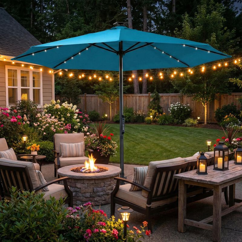 Mondawe 10FT LED Light Market Umbrella One-Touch Electric Patio Umbrella with Remote, Tan image number 1