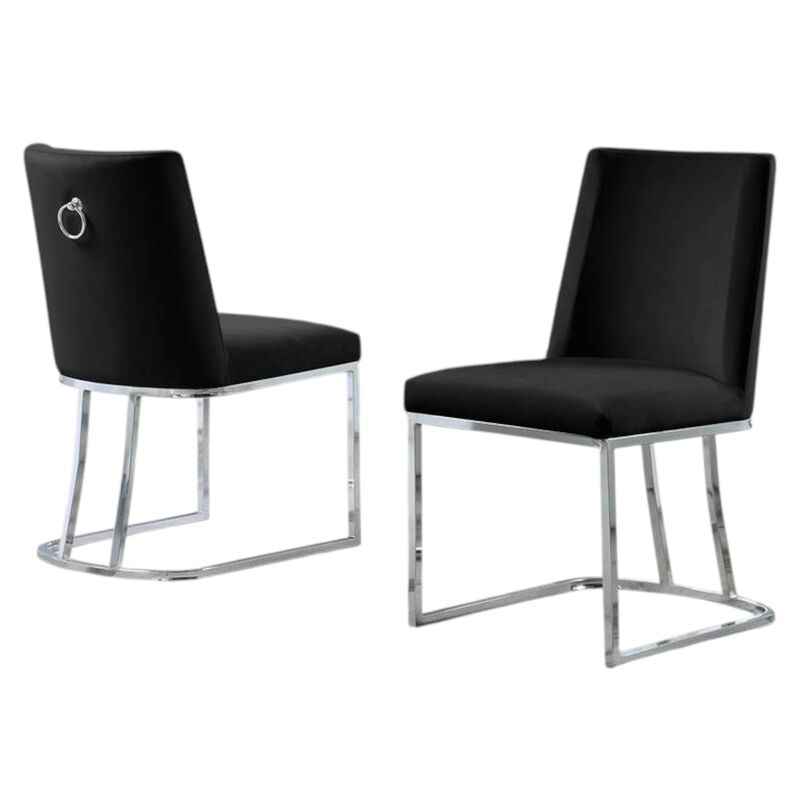 Set of 2 Velvet Upholstered Side Chairs with Silver Sleigh Legs and Back Ring Handle -Black