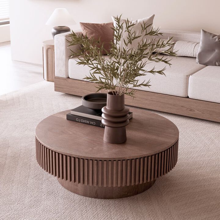 Round coffee table with storage Solid wood veneer and MDF coffee table with fluted base Modern accent coffee table for living room