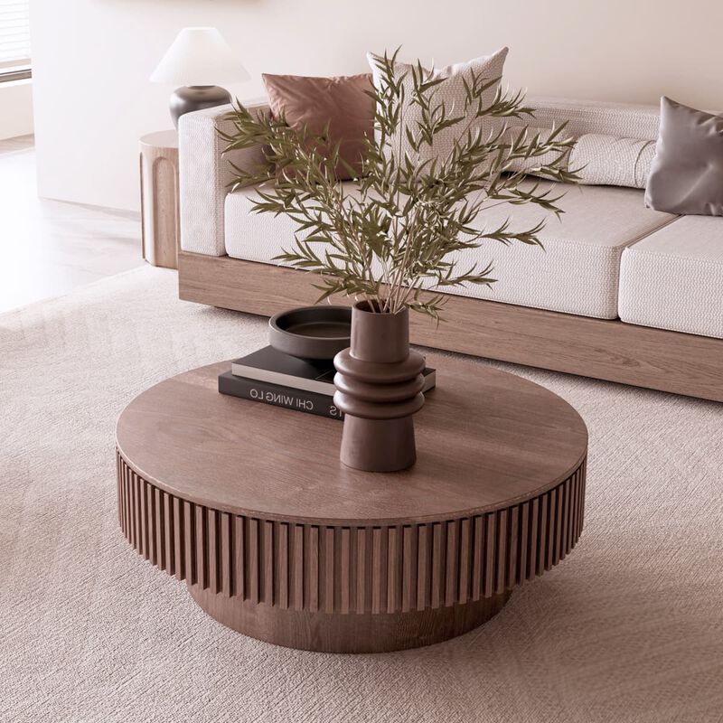 Round coffee table with storage Solid wood veneer and MDF coffee table with fluted base Modern accent coffee table for living room image number 1