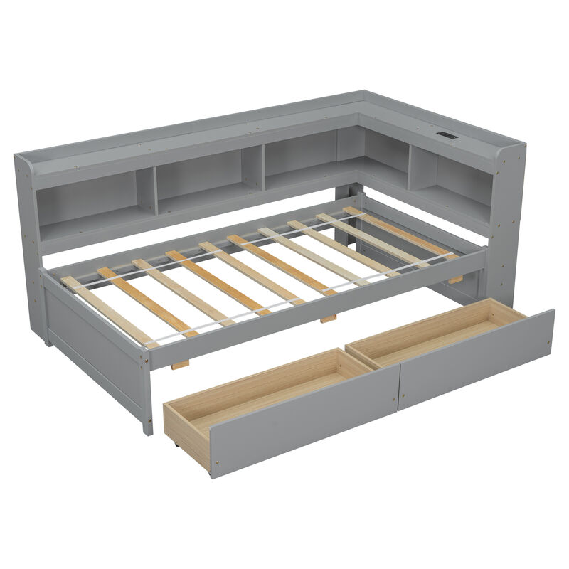 Whisen Twin Size L-shaped Bookcases Bed with Power Outlets, USB Charging Ports,Two Drawers-Grey