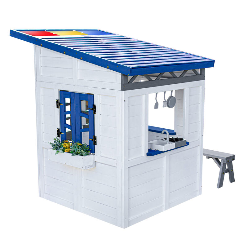 Teamson Kids Rainbow Shade Wooden Playhouse with Colorful Overhang, Flower Box and Bench, White image number 4