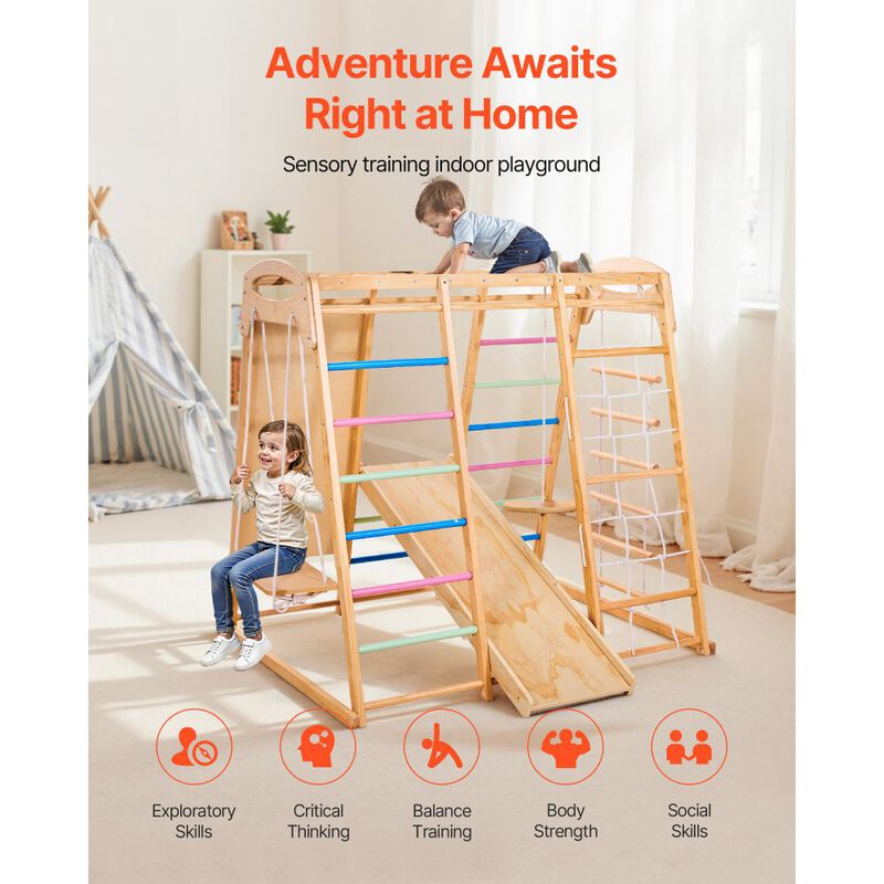 9 in 1 Wooden Indoor Playground Kids Climbing Gym with Slide Swing image number 3