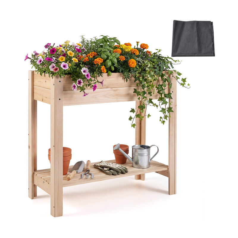 Wooden Elevated Garden Bed with Legs and Convenient Storage Shelf-Natural image number 0