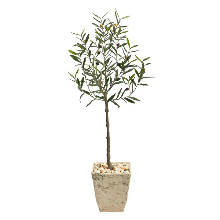 Nearly Natural 52-in Olive Artificial Tree in Country White Planter