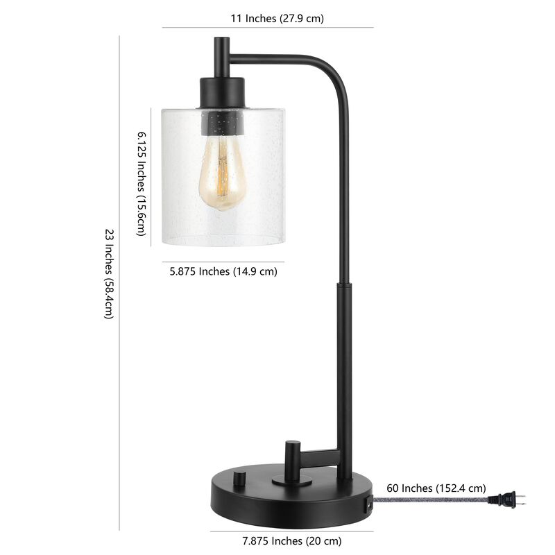 Axel Modern 23" Iron/Seeded Glass Farmhouse Industrial USB Charging LED Task Lamp, Black