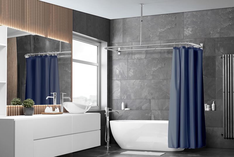 Utopia Alley D-Shaped Shower Rod with Ceiling Support, 28-68" Non-Adjustable Rust-Free Large Space Shower Rod + Shower Curtain 180x70 inch image number 1