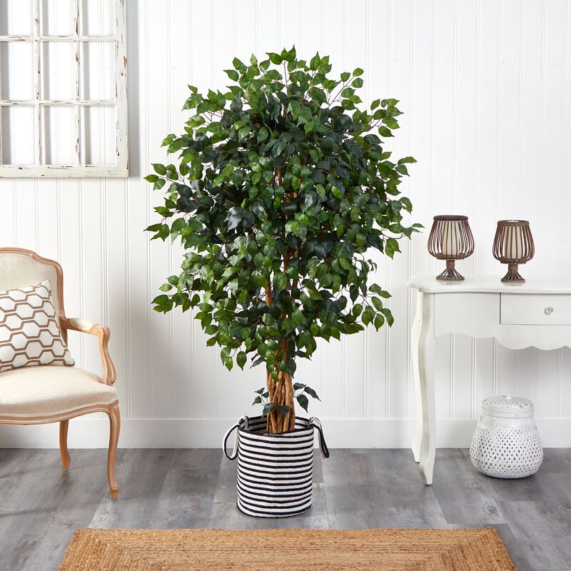 HomPlanti 5.5 Feet Palace Ficus Artificial Tree in Handmade Black and White Natural Jute and Cotton Planter image number 3