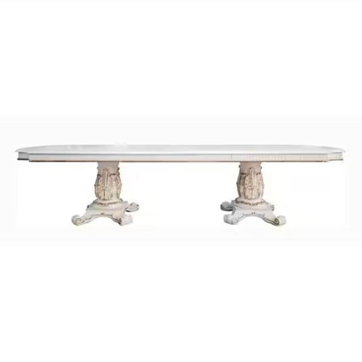 Antoine Dining Table, Double Pedestal, 84-120 Inch Antique Pearl White - Benzara