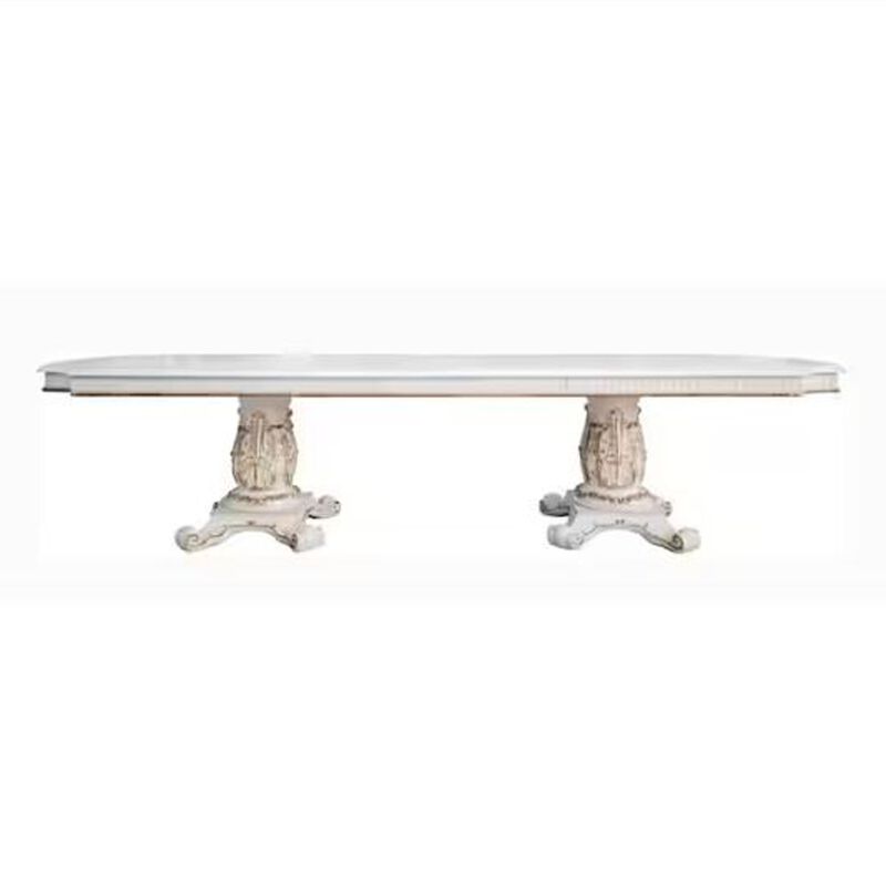 Antoine Dining Table, Double Pedestal, 84-120 Inch Antique Pearl White - Benzara