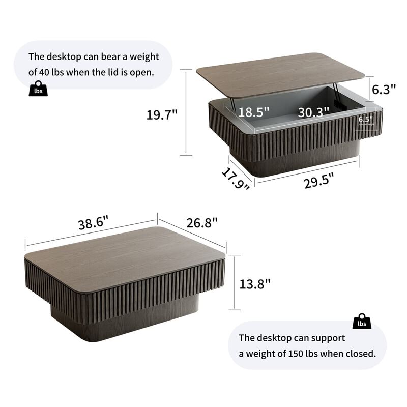 Rectangular lift top coffee table Coffee table with hidden storage and soft close Fluted MDF and solid wood veneer coffee table image number 2