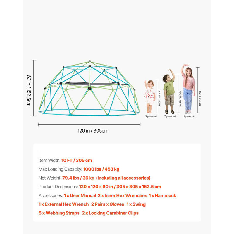 Kids Climbing Dome with Swing & Hammock, Geometric Jungle Gym for Backyard Outdoor Play-Multi Color image number 2