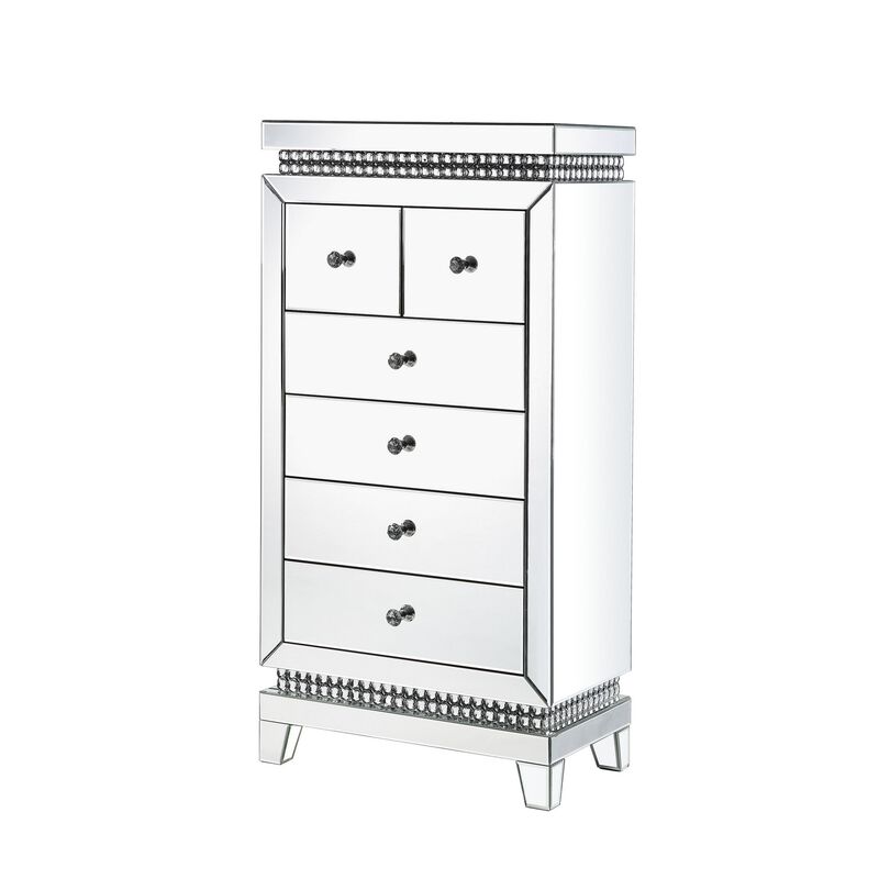 6 Drawer Mirrored Cabinet with Faux Crystals, Silver - Benzara