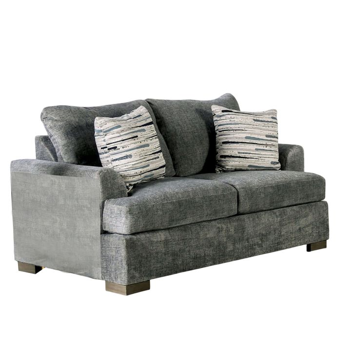 Lewis Loveseat with 2 Accent Pillows, 67 Inch, Gray Fabric - Benzara